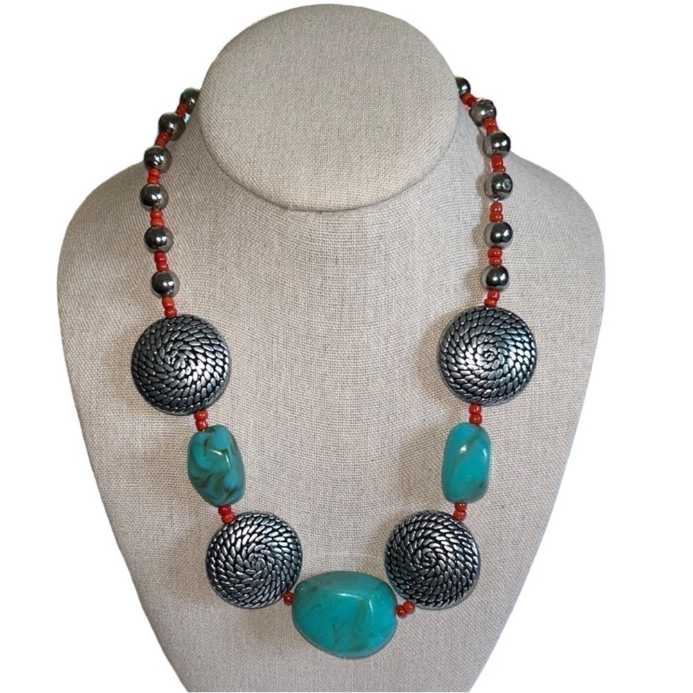 Cowgirl Chic Turquoise & Silver Beaded Statement Necklace One Of A Kind Choker